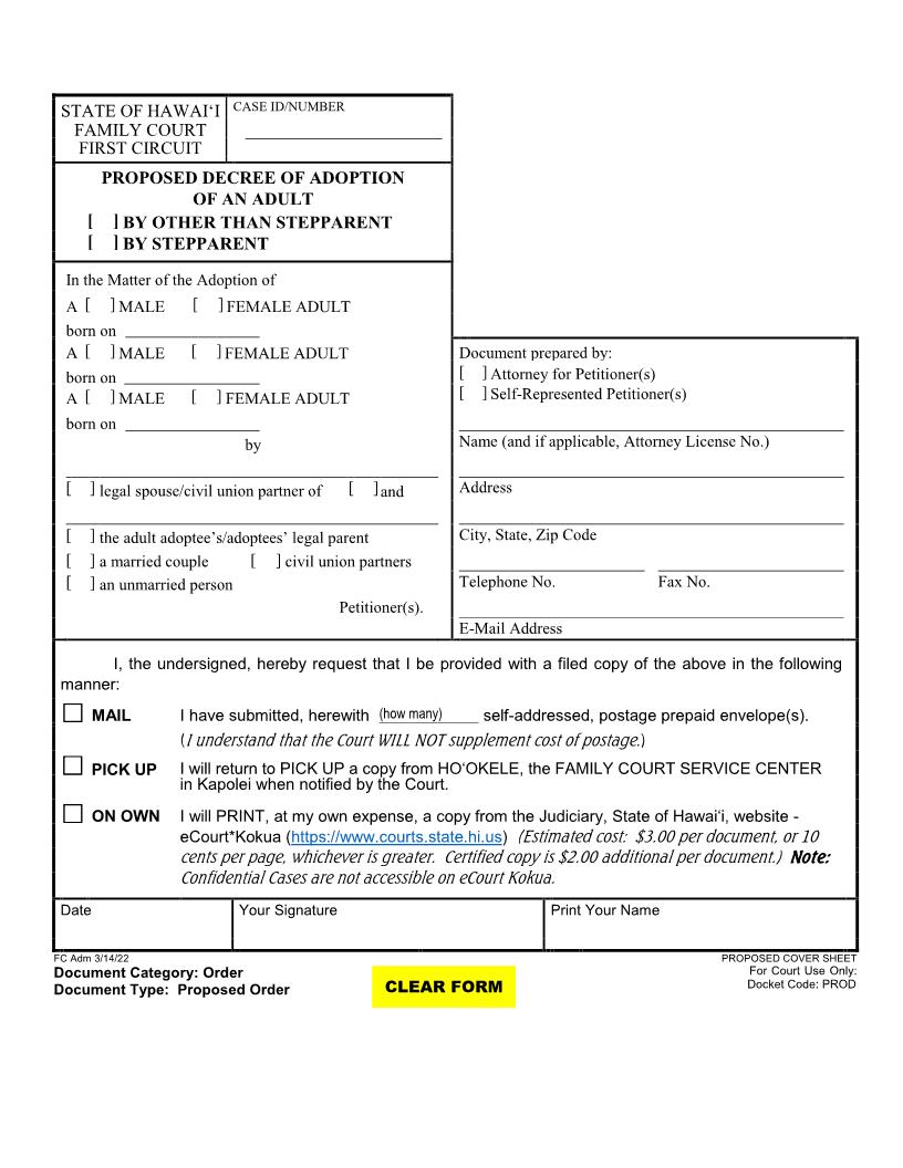 Decree Of Adoption Of An Adult {1F-P-2071} | Pdf Fpdf Docx | Hawaii