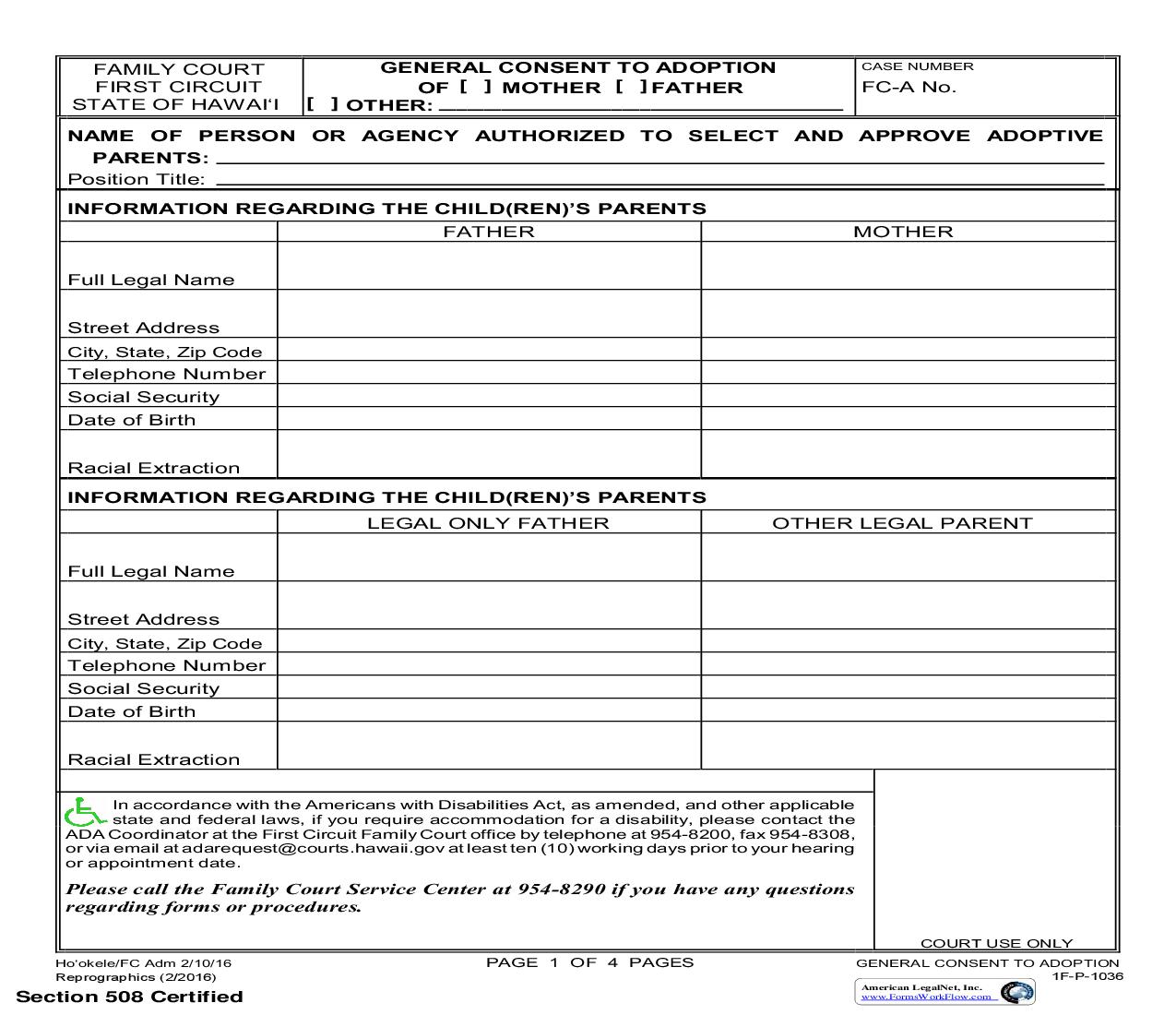 General Consent To Adoption {1F-P-1036} | Pdf Fpdf Doc Docx | Hawaii