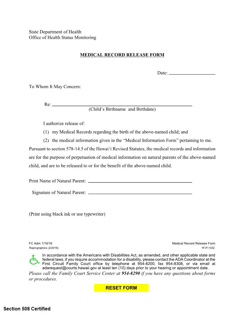 Medical Record Release Form {1F-P-1032} | Pdf Fpdf Docx | Hawaii