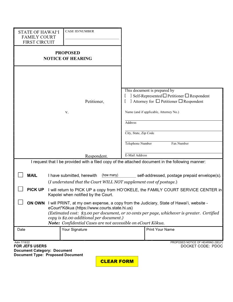 Notice Of Hearing {1F-P-751} | Pdf Fpdf Docx | Hawaii