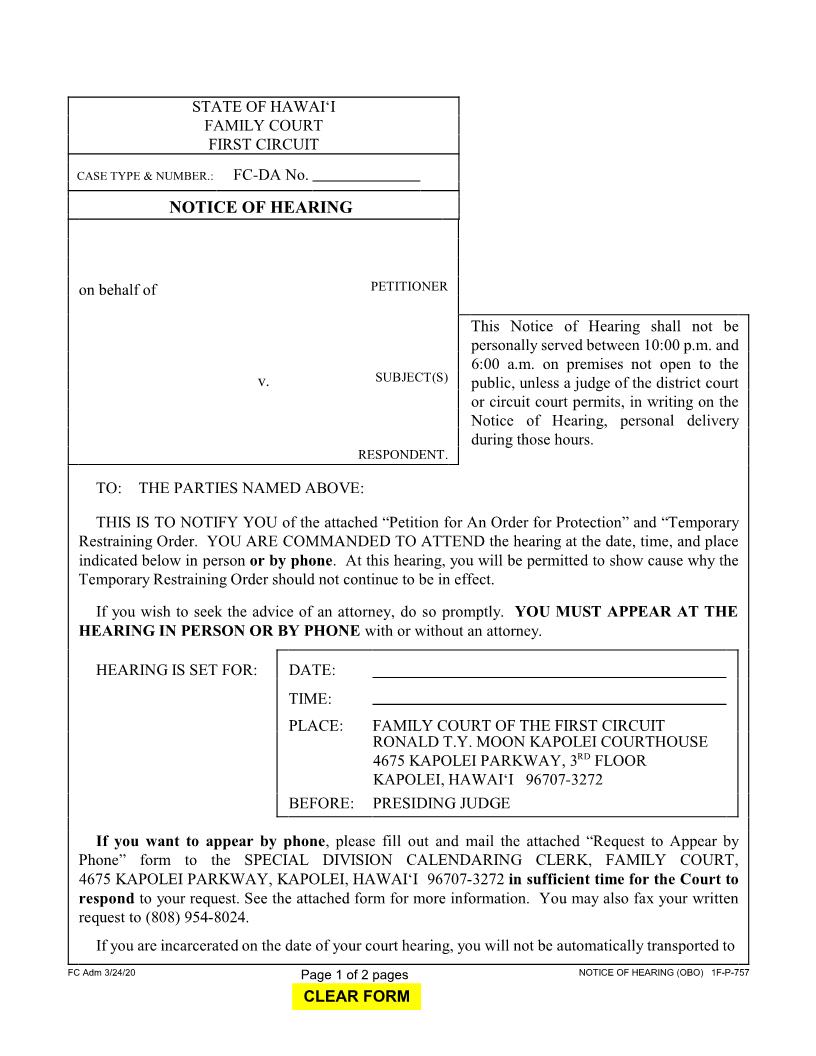 Notice Of Hearing On Behalf Of Others {1F-P-757} | Pdf Fpdf Docx | Hawaii
