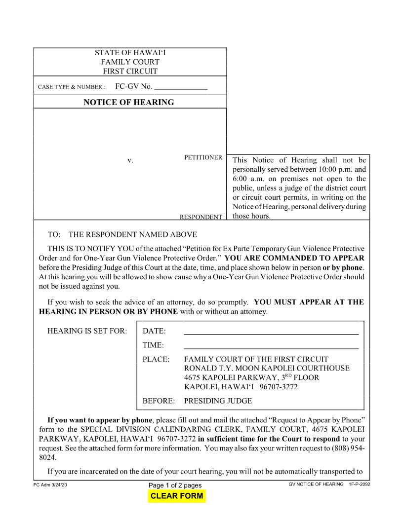 Notiece Of Hearing Gun Violence {1F-P-2092} | Pdf Fpdf Docx | Hawaii