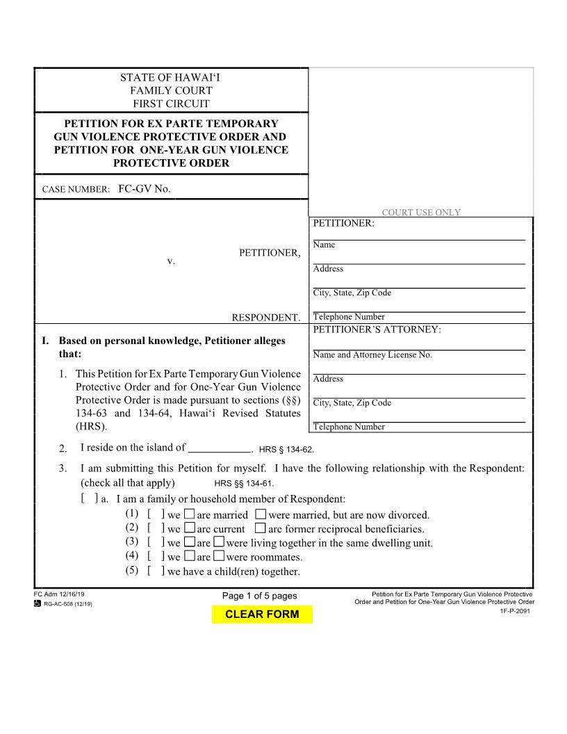 Petition For Ex Parte Temporary Gun Violence Protective Order {1F-P-2091} | Pdf Fpdf Docx | Hawaii