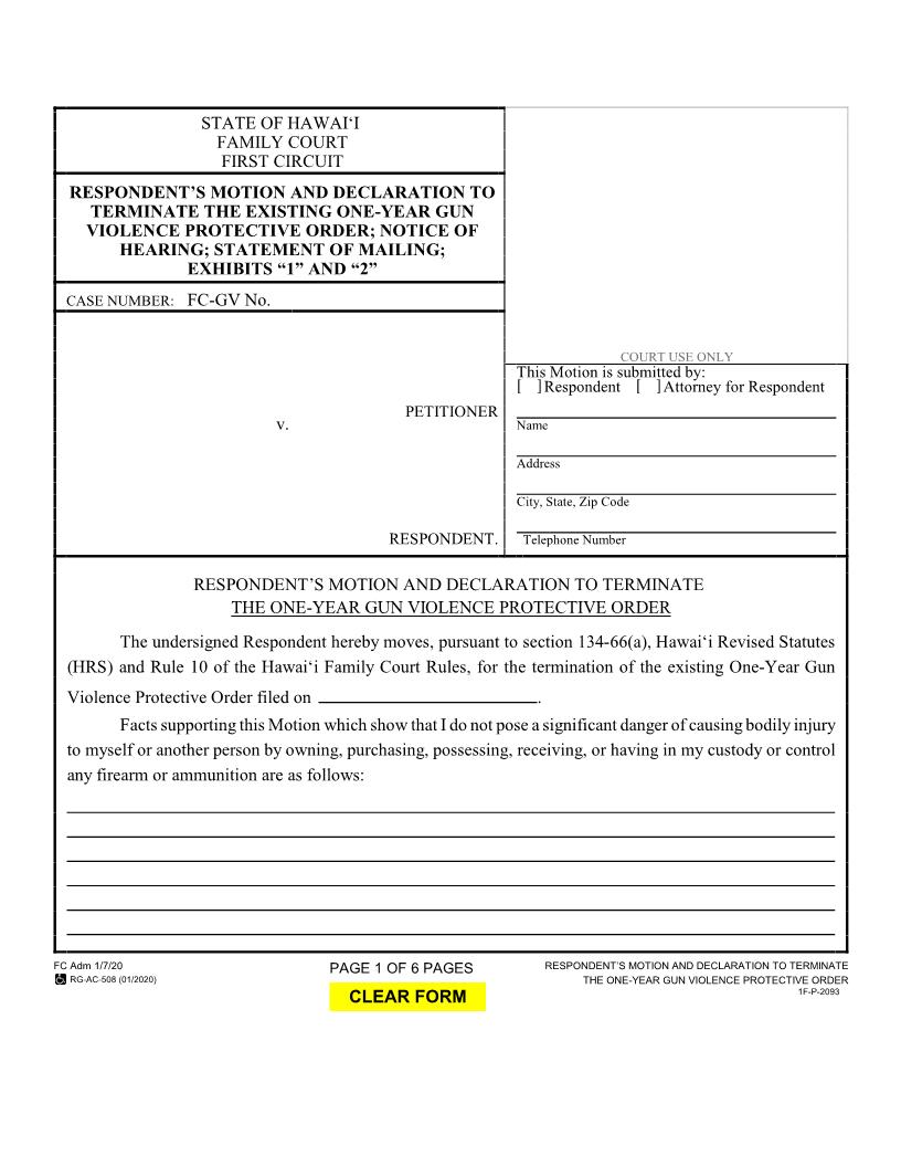 Respondents Motion And Declaration To Terminate Protective Order Gun Violence {1F-P-2093} | Pdf Fpdf Docx | Hawaii
