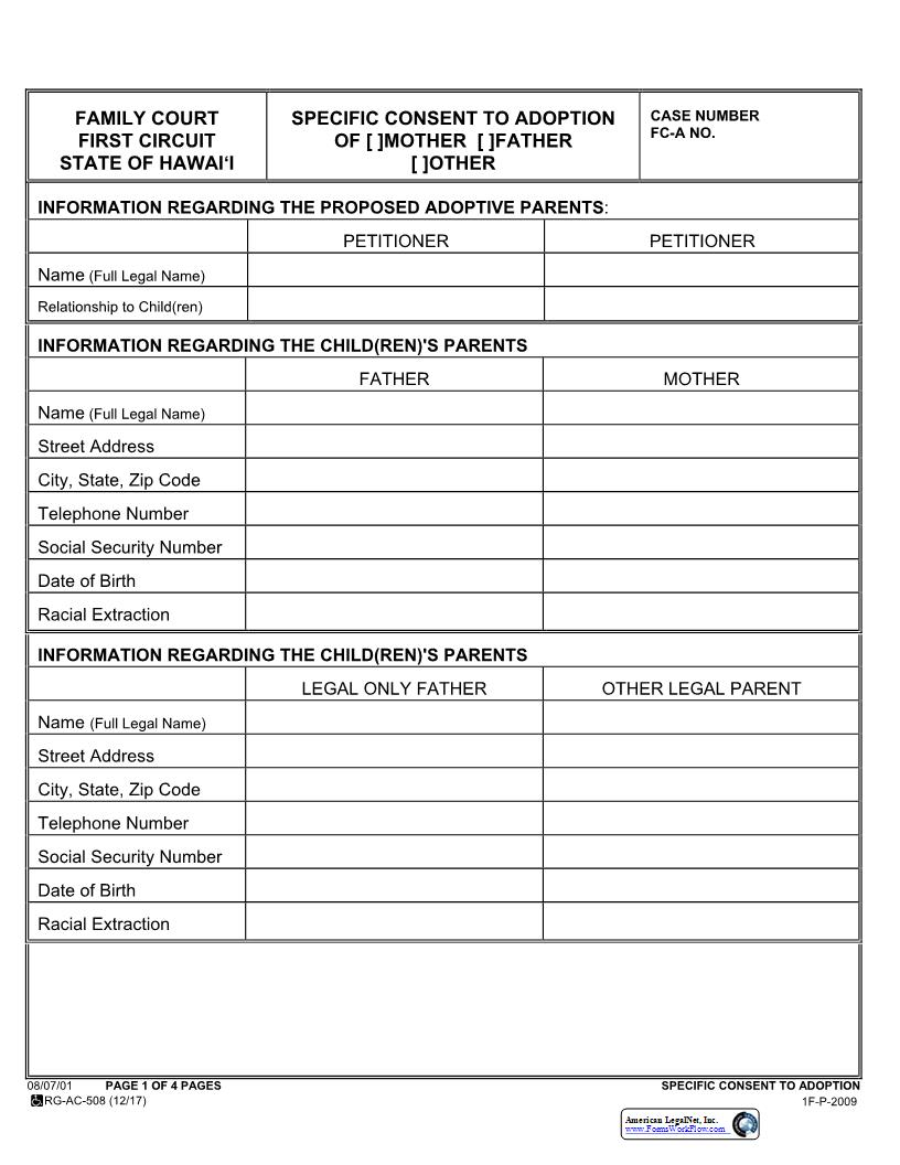 Specific Consent To Adoption {1F-P-2009} | Pdf Fpdf Docx | Hawaii