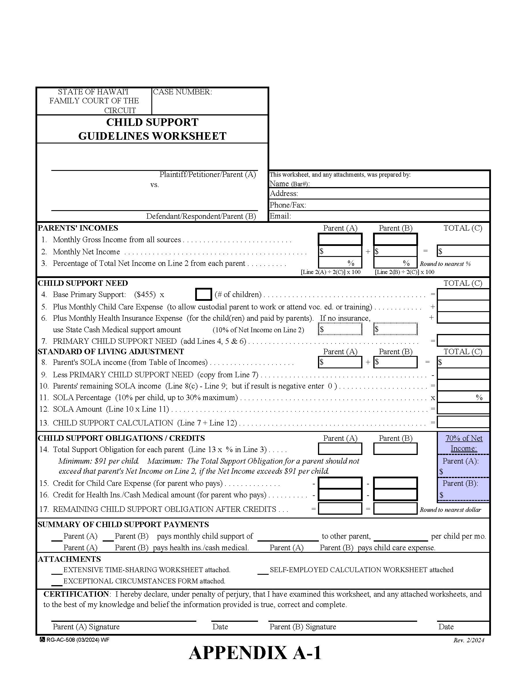 Child Support Guidelines Worksheet | Pdf Fpdf Doc Docx | Hawaii