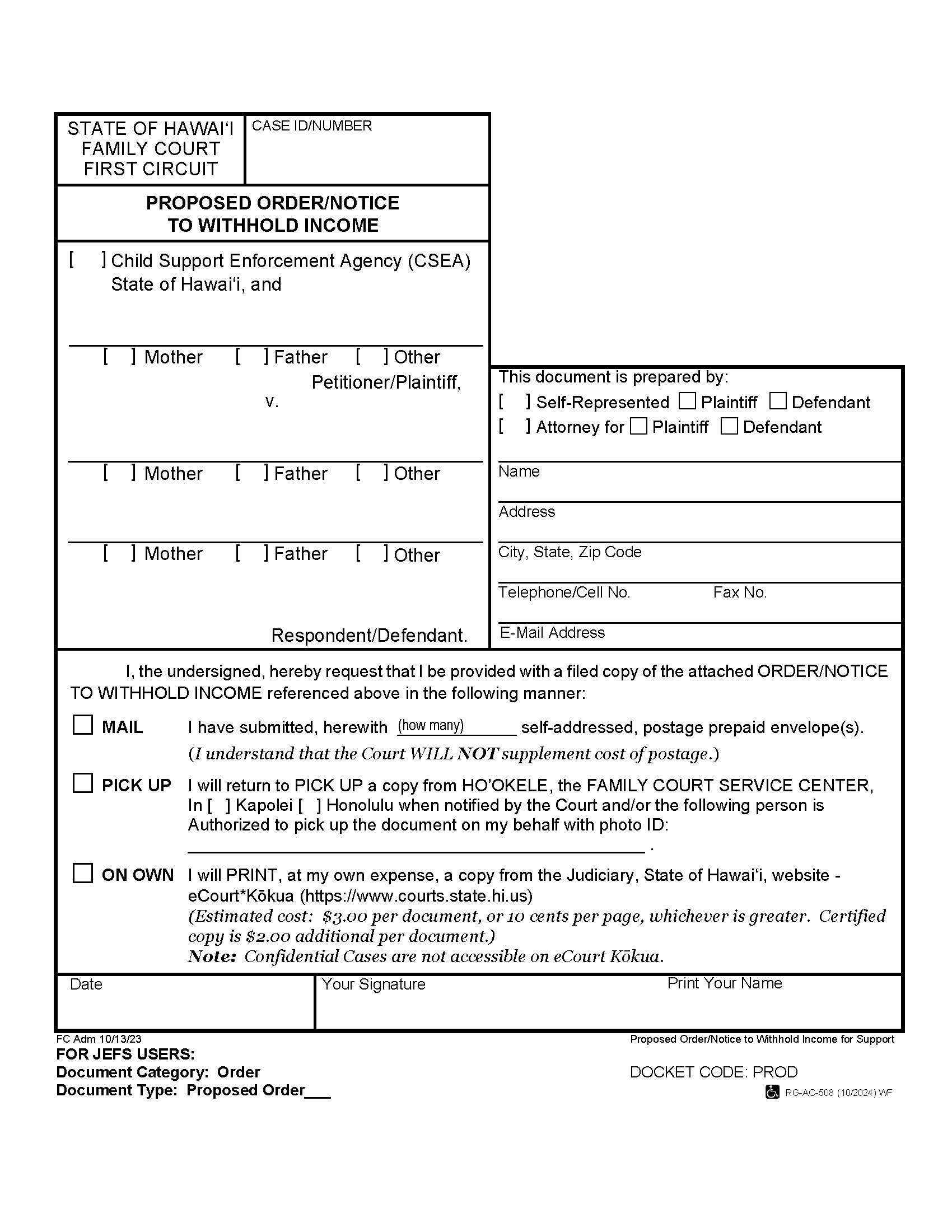 Order Notice To Withhold Income For Child Support {1F-P-1098} | Pdf Fpdf Docx | Hawaii