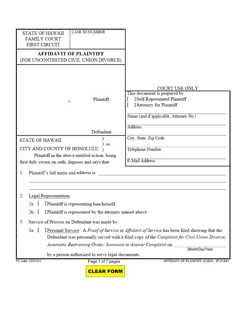 Affidavit Of Plaintiff For Uncontested Civil Union Divorce {1F-P-841} | Pdf Fpdf Docx | Hawaii