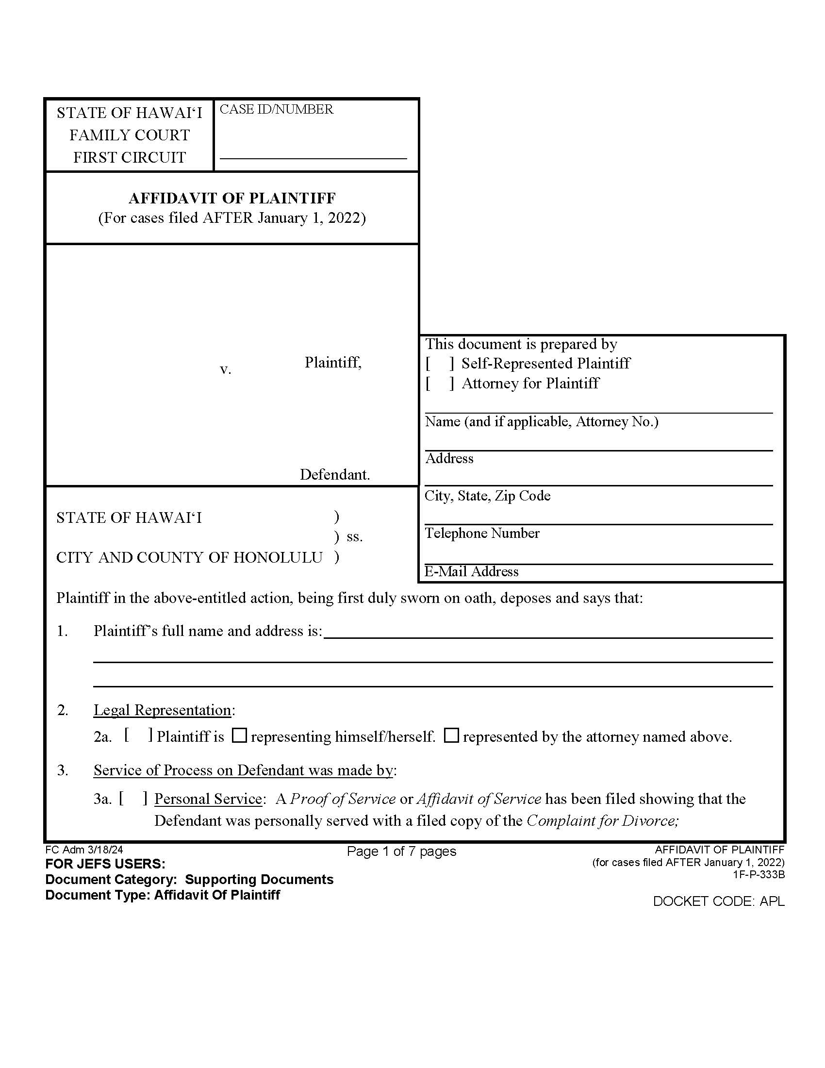 Affidavit Of Plaintiff For Uncontested Divorce {1F-P-333} | Pdf Fpdf Docx | Hawaii