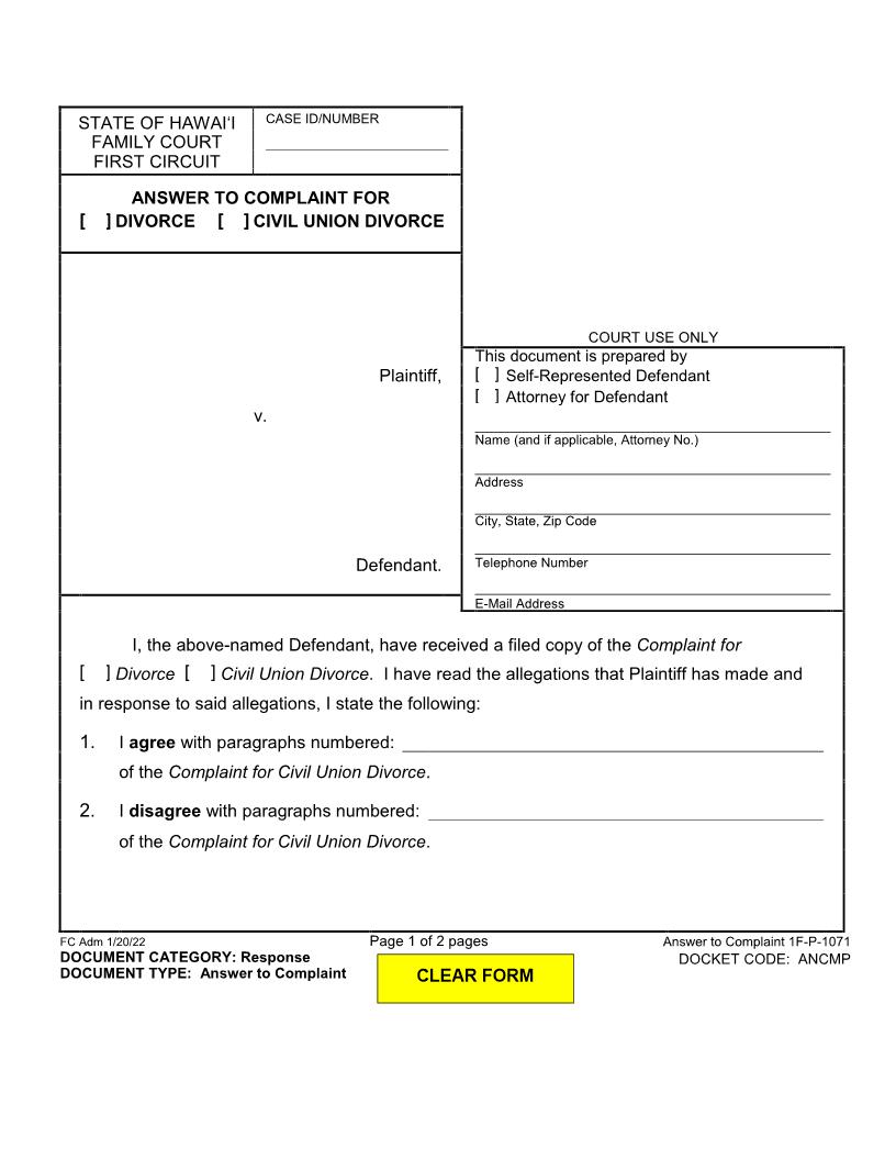 Answer To Complaint For Divorce {1F-P-1071} | Pdf Fpdf Docx | Hawaii