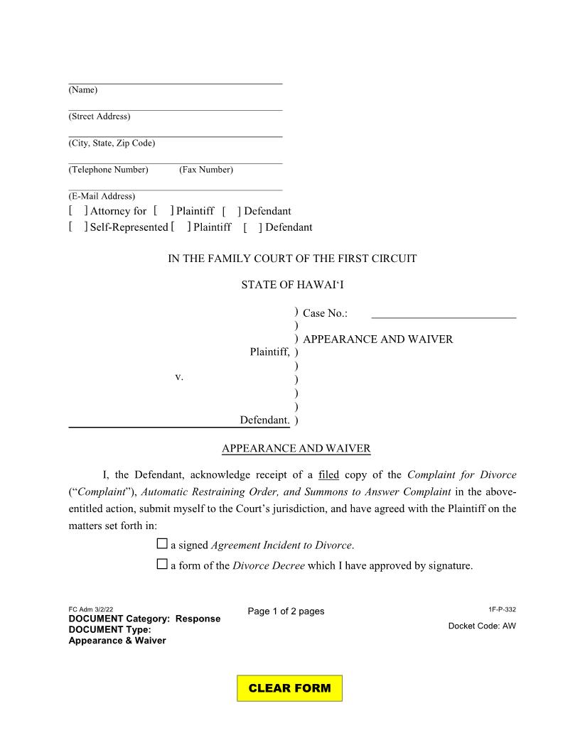 Appearance And Waiver {1F-P-332} | Pdf Fpdf Docx | Hawaii