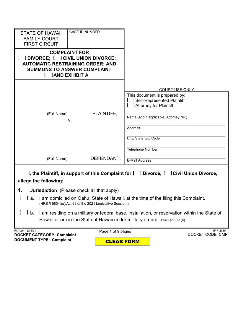 Complaint Automatic Restraining Order {1F-P-2041} | Pdf Fpdf Docx | Hawaii