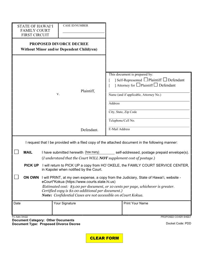 Divorce Decree Without Minor And Or Dependent Children {1F-P-1056} | Pdf Fpdf Docx | Hawaii