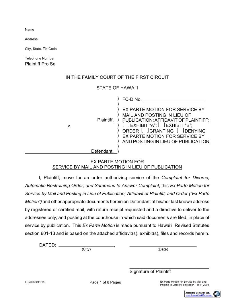 Ex Parte Motion For Service By Mail And Posting In Lieu Of Publication {1F-P-2004} | Pdf Fpdf Docx | Hawaii