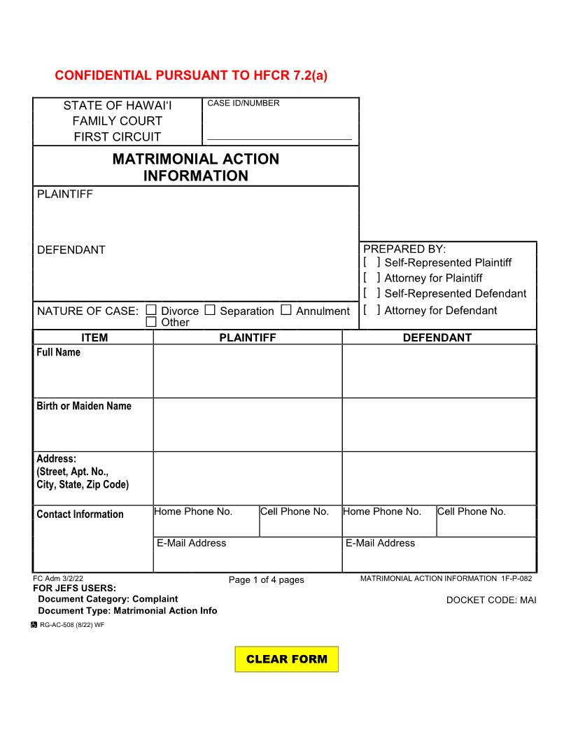 Matrimonial Action Information {1F-P-082} | Pdf Fpdf Docx | Hawaii