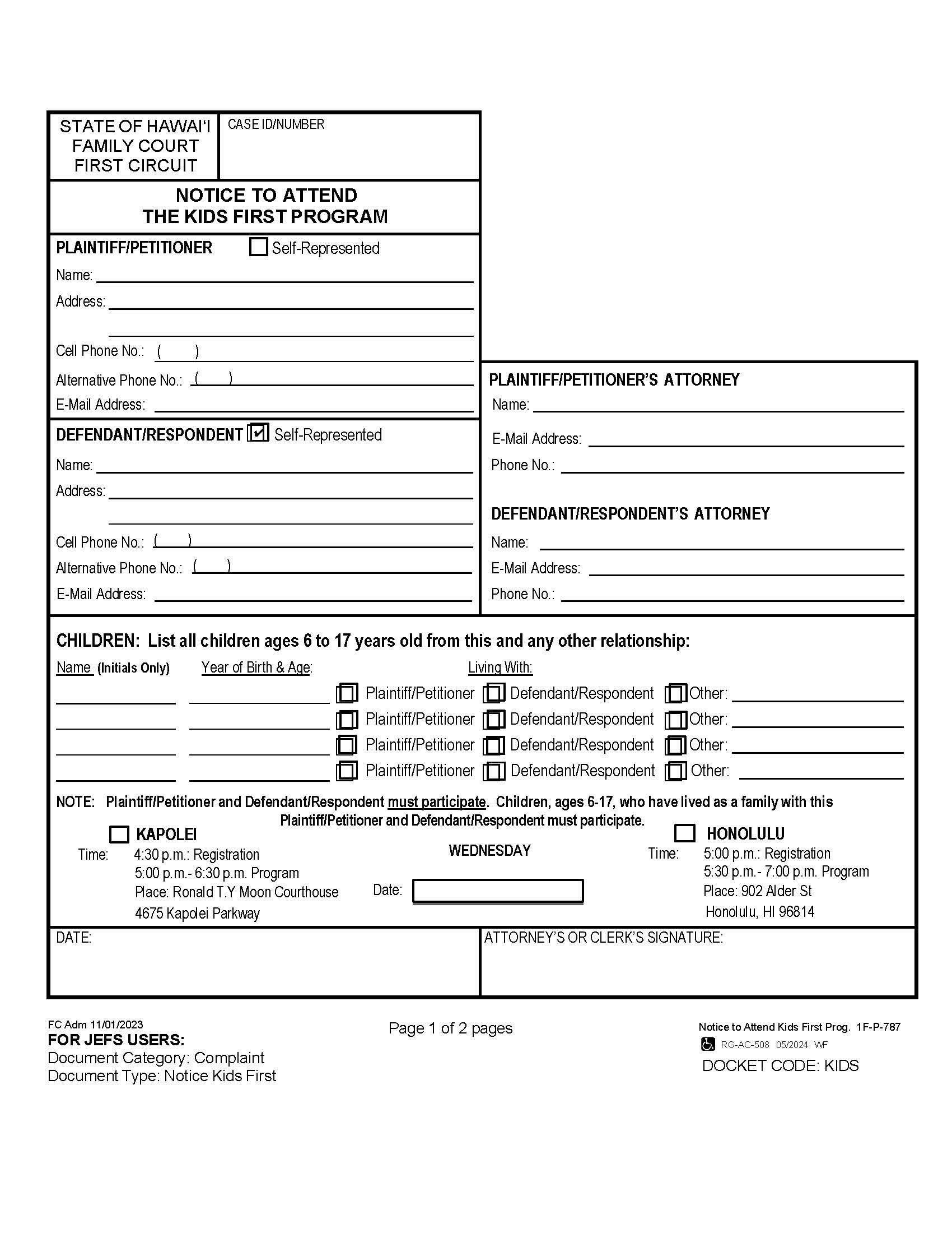 Notice To Attend Kids First {1F-P-787} | Pdf Fpdf Docx | Hawaii