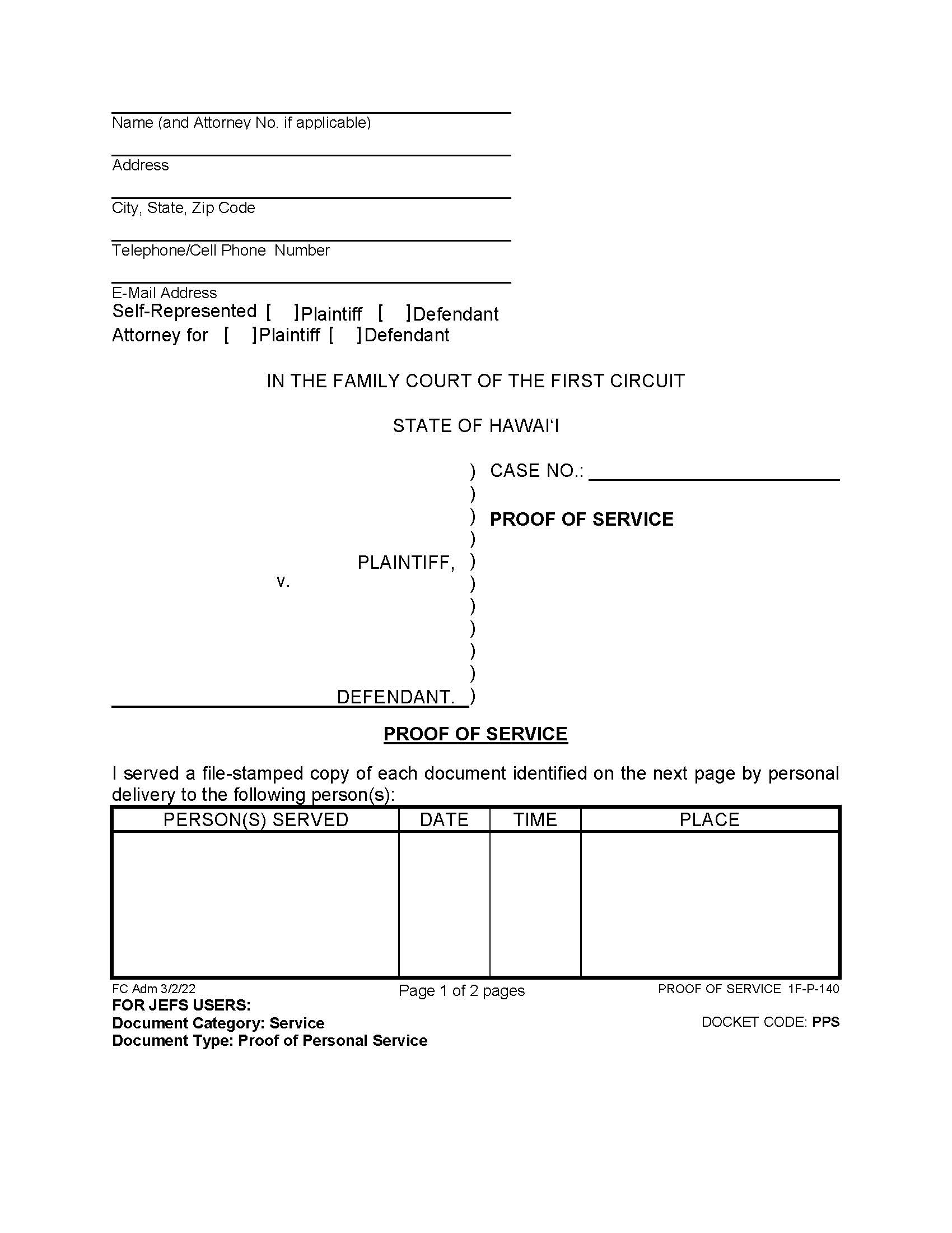 Proof Of Service Divorce {1F-P-140} | Pdf Fpdf Docx | Hawaii