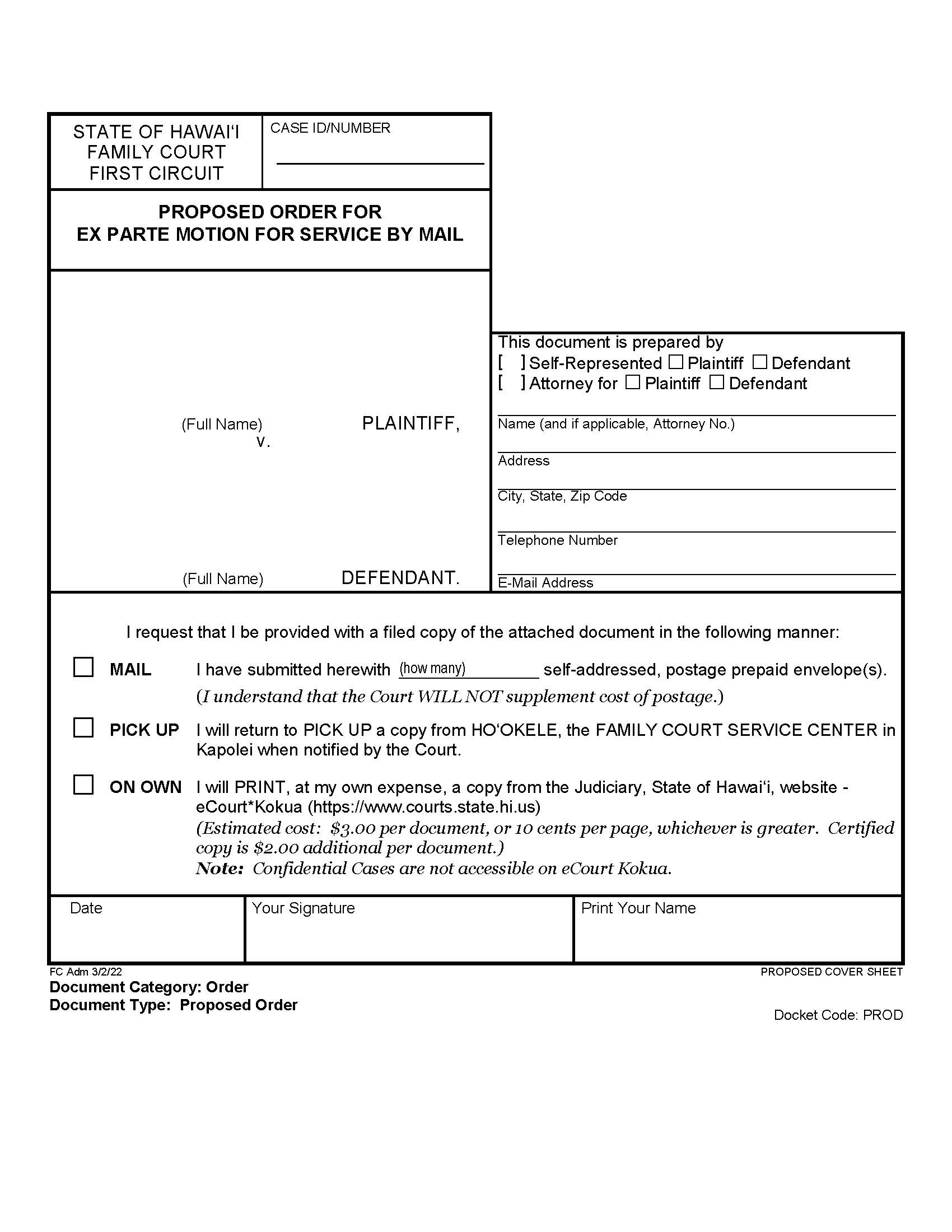 Proposed Order For Ex Parte Motion For Service By Mail {1F-P-186} | Pdf Fpdf Docx | Hawaii