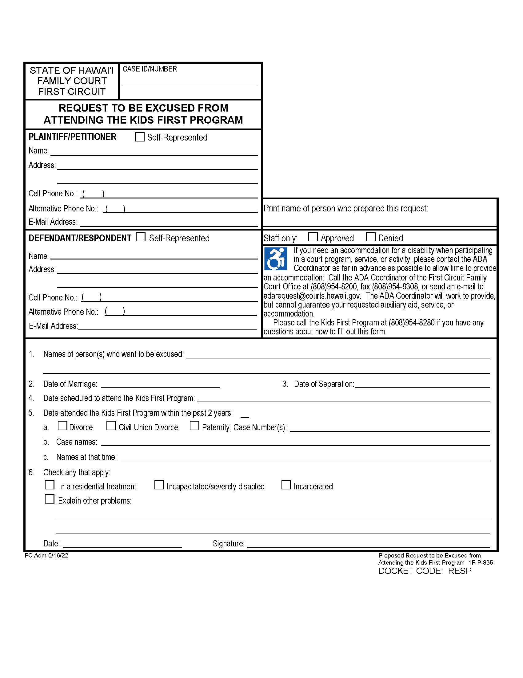 Request To Be Excused Kids First Program {1F-P-835} | Pdf Fpdf Docx | Hawaii