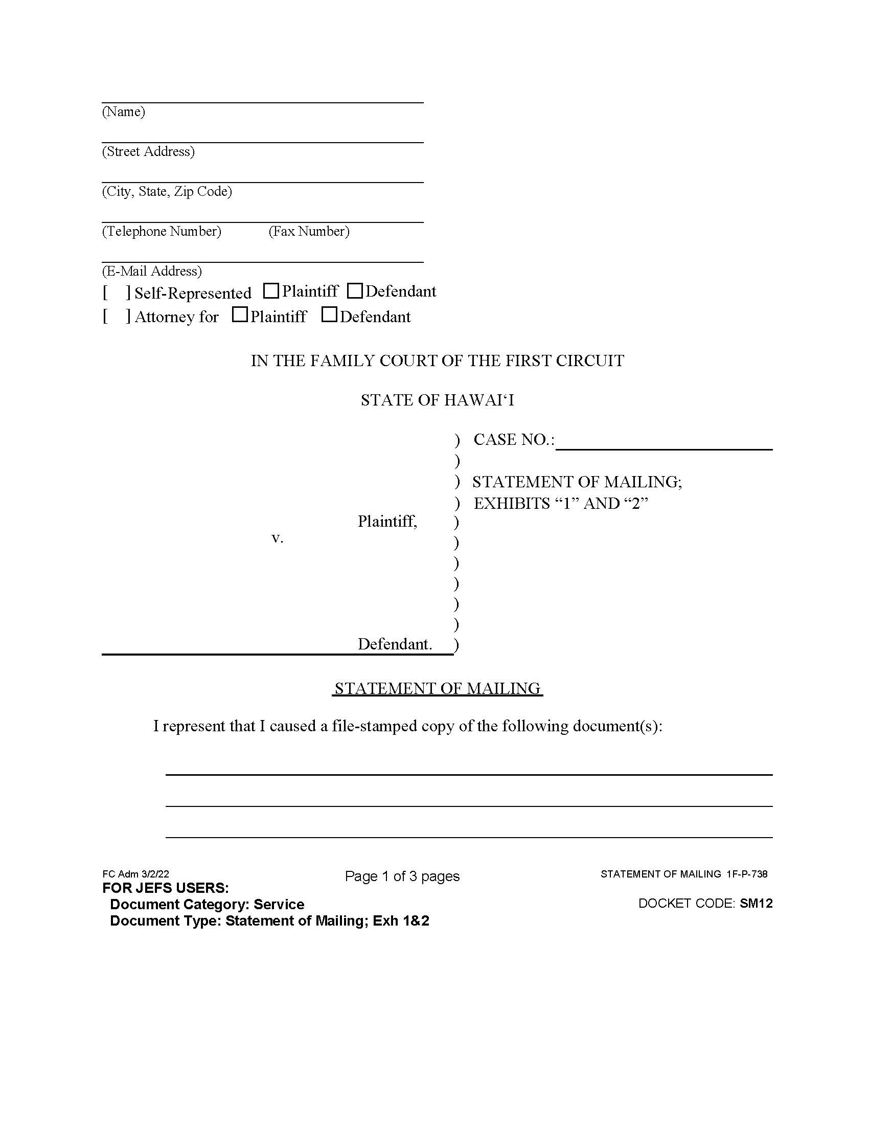Statement Of Mailing Exhibits 1 And 2 Divorce {1F-P-738} | Pdf Fpdf Docx | Hawaii