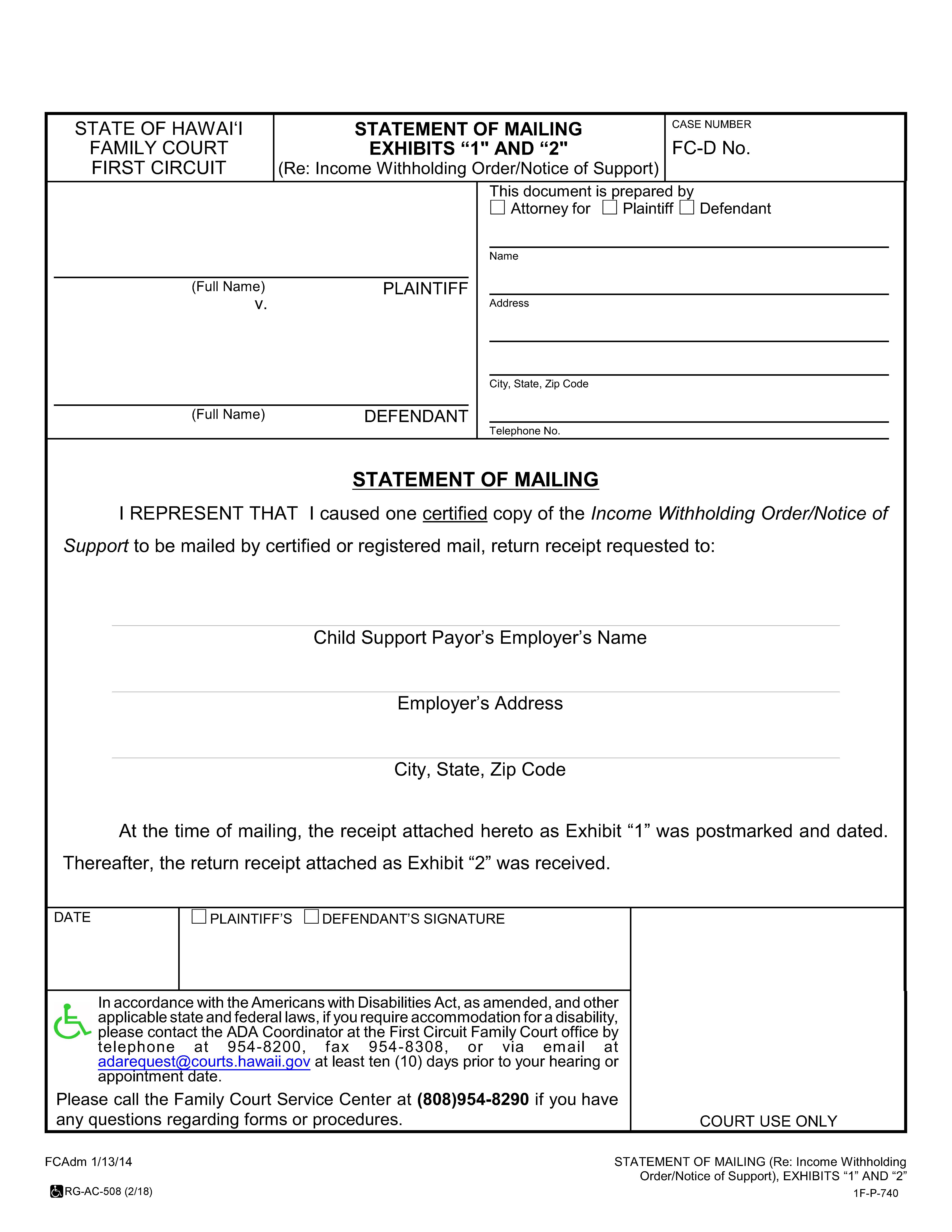 Statements Of Mailing Exhibits 1 And 2 {1F-P-740} | Pdf Fpdf Doc Docx | Hawaii