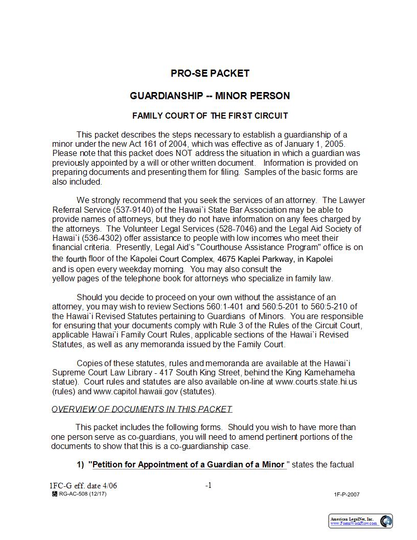 Guardianship - Minor Person (Pro Se Packet) {1F-P-2007} | Pdf Fpdf Docx | Hawaii