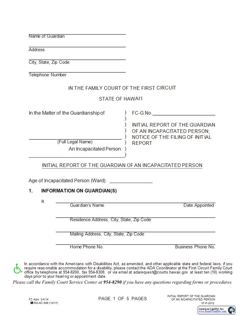 Initial Report Of The Guardian Of An Incapacitated Person {1F-P-2012} | Pdf Fpdf Docx | Hawaii