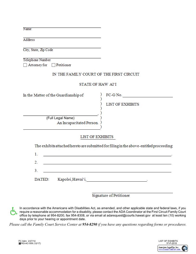 List Of Exhibits {1F-P-2018} | Pdf Fpdf Docx | Hawaii