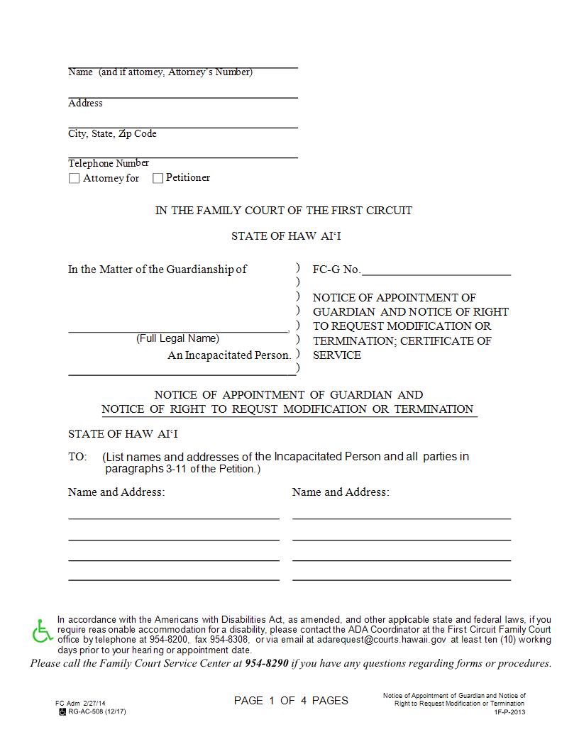 Notice Of Appointment Of Guardian And Notice Of Right To Request Modification {1F-P-2013} | Pdf Fpdf Docx | Hawaii