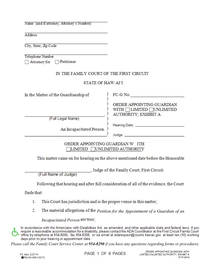Order Appointing Guardian With Limited And Or Unlimited Authority {1F-P-2014} | Pdf Fpdf Docx | Hawaii