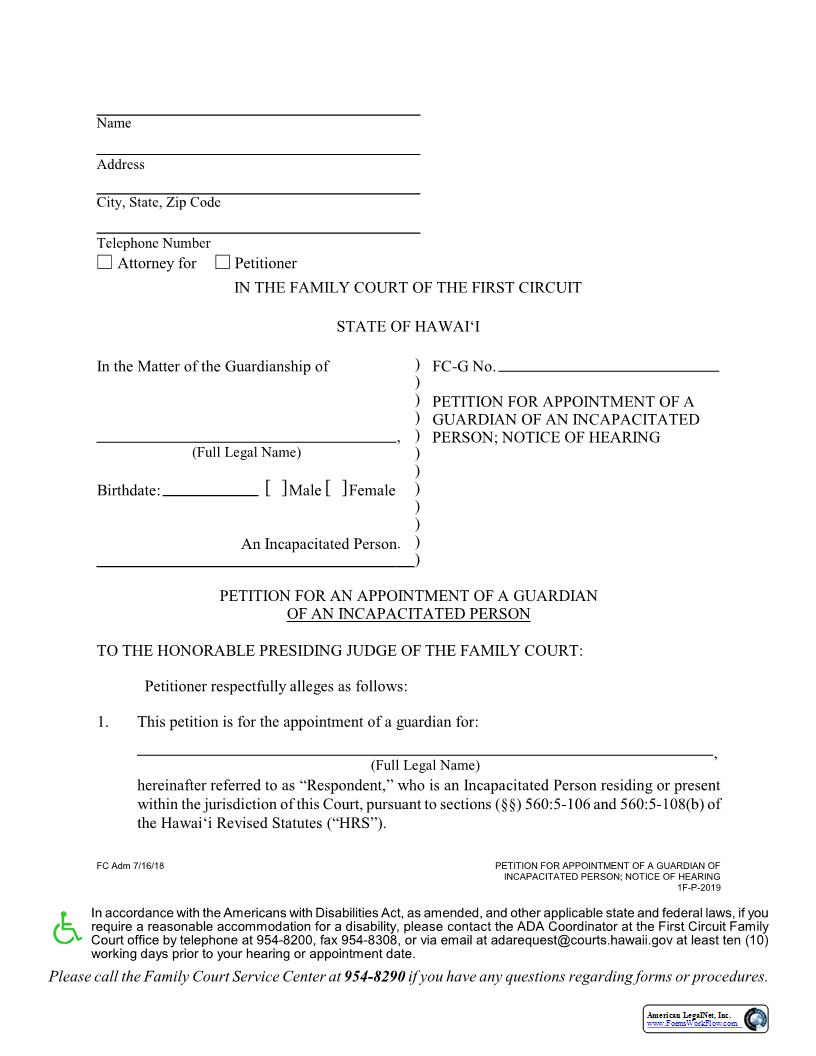 Petition For Appointment Of A Guardian Of An Incapacitated Person {1F-P-2019} | Pdf Fpdf Docx | Hawaii