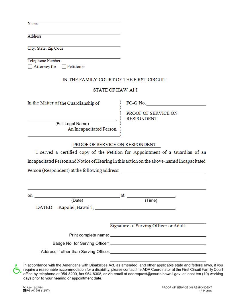Proof Of Service On Respondent {1F-P-2016} | Pdf Fpdf Docx | Hawaii
