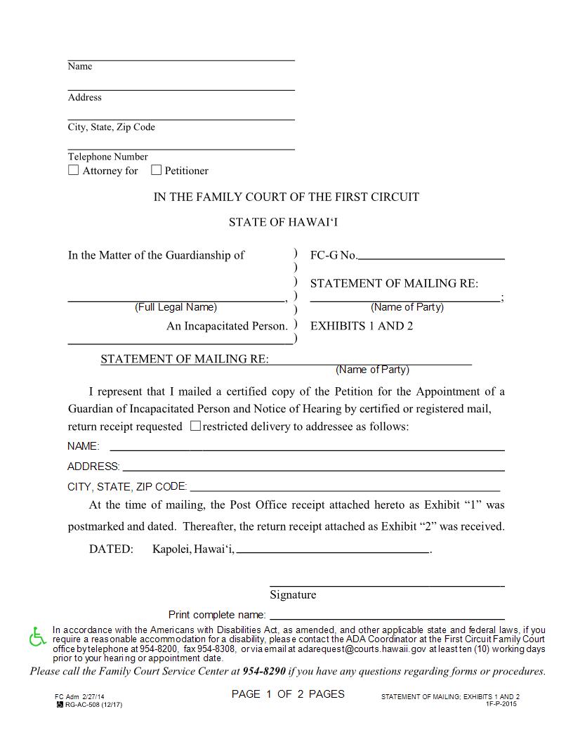 Statement Of Mailing (Exhibits 1 And 2) {1F-P-2015} | Pdf Fpdf Docx | Hawaii