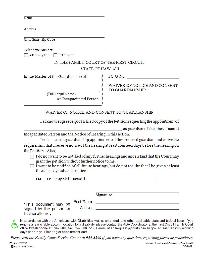Waiver Of Notice And Consent To Guardianship {1F-P-2017} | Pdf Fpdf Docx | Hawaii