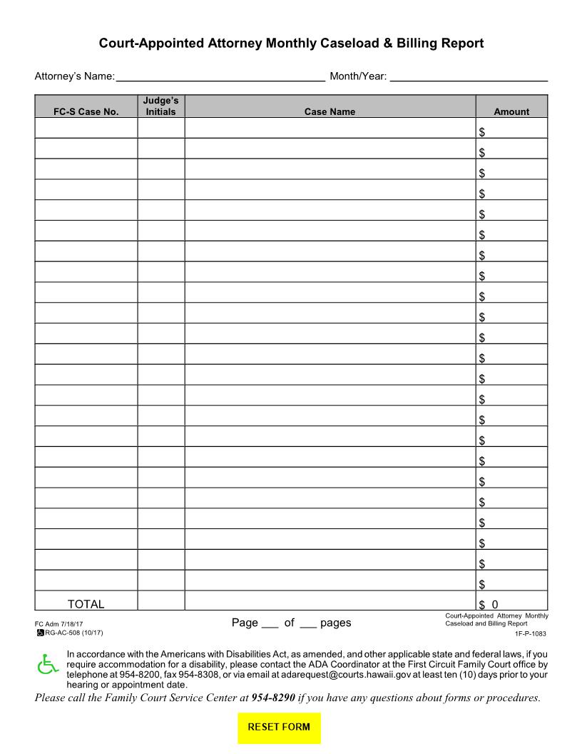 Court appointed Attorney Monthly Caseload {1F-P-1083} | Pdf Fpdf Docx | Hawaii