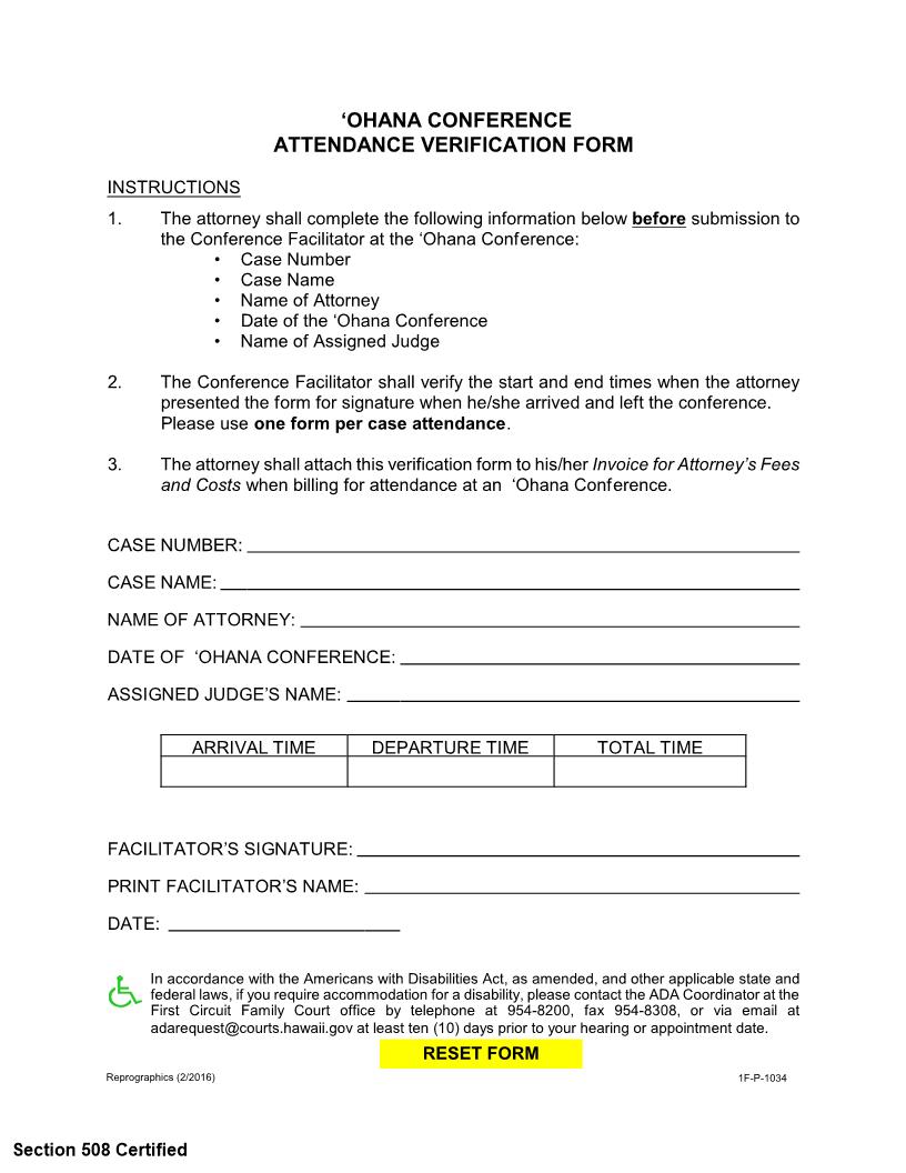 Ohana Conference Attendance Verification Form {1F-P-1034} | Pdf Fpdf Docx | Hawaii