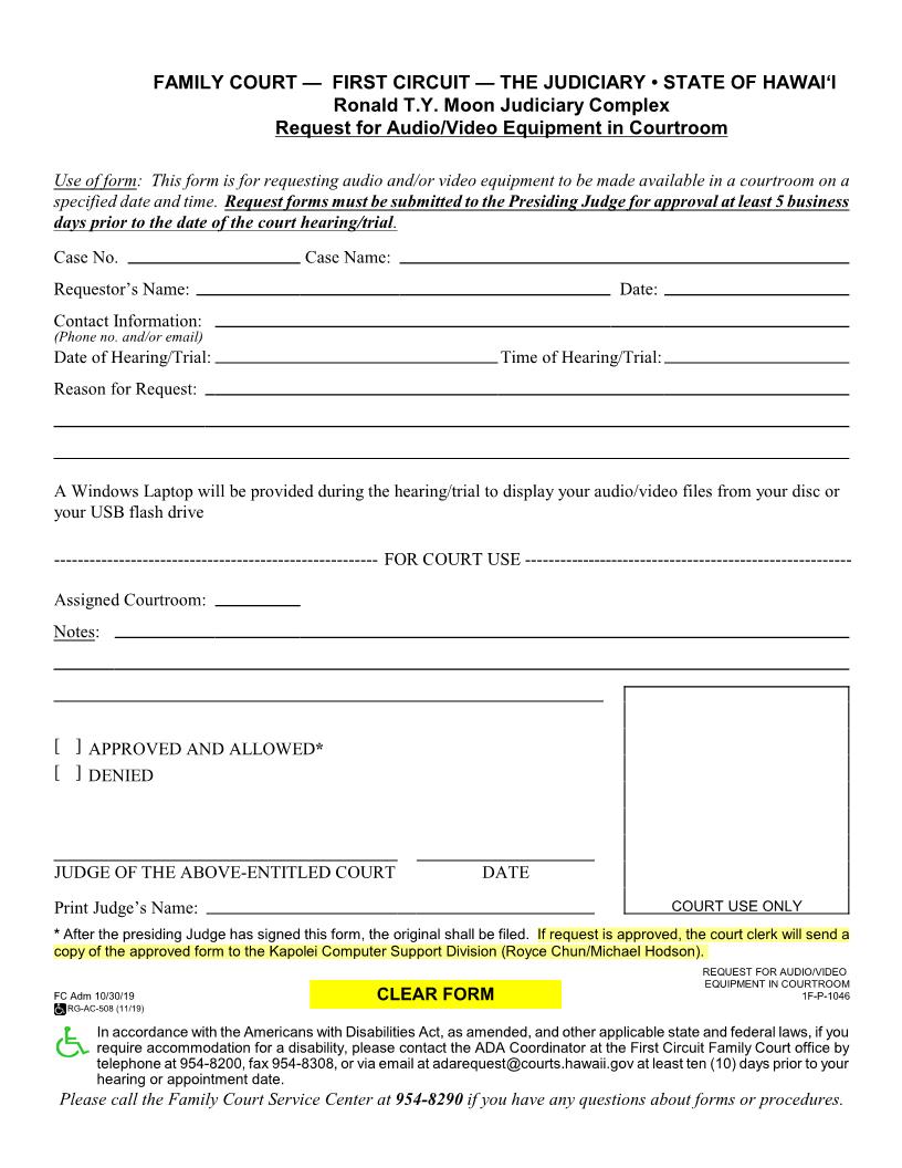 Request For Courtroom Audio {1F-P-1046} | Pdf Fpdf Docx | Hawaii