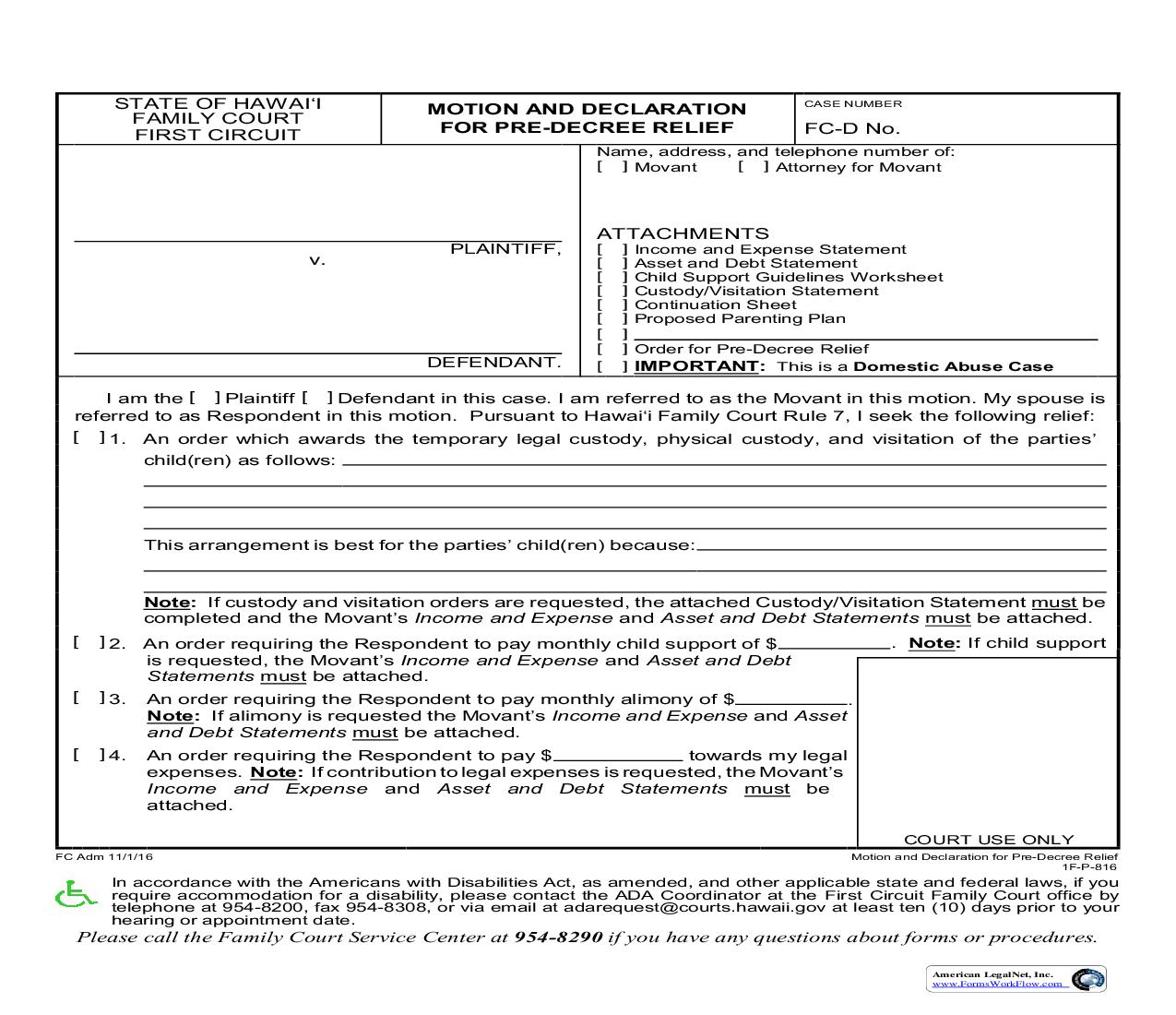 Motion And Declaration For Pre-Decree Relief {1-FP-816} | Pdf Fpdf Doc Docx | Hawaii