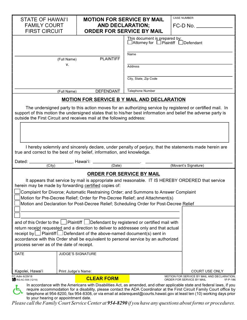 Motion For Service By Mail And Declaration {1-FP-186} | Pdf Fpdf Doc Docx | Hawaii