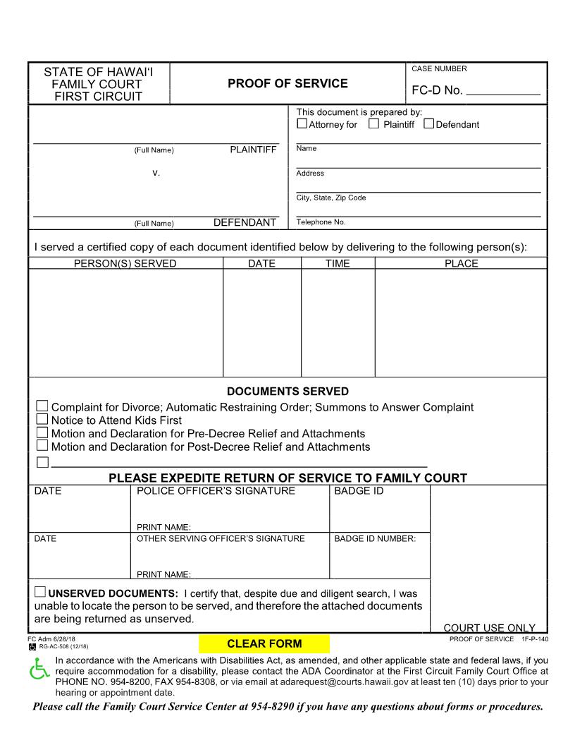 Proof Of Service {1-FP-140} | Pdf Fpdf Doc Docx | Hawaii
