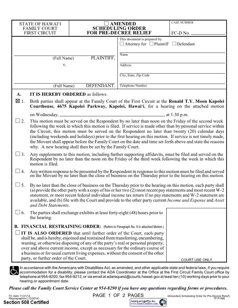 Scheduling Order For Pre Decree Relief {1F-P-986} | Pdf Fpdf Docx | Hawaii