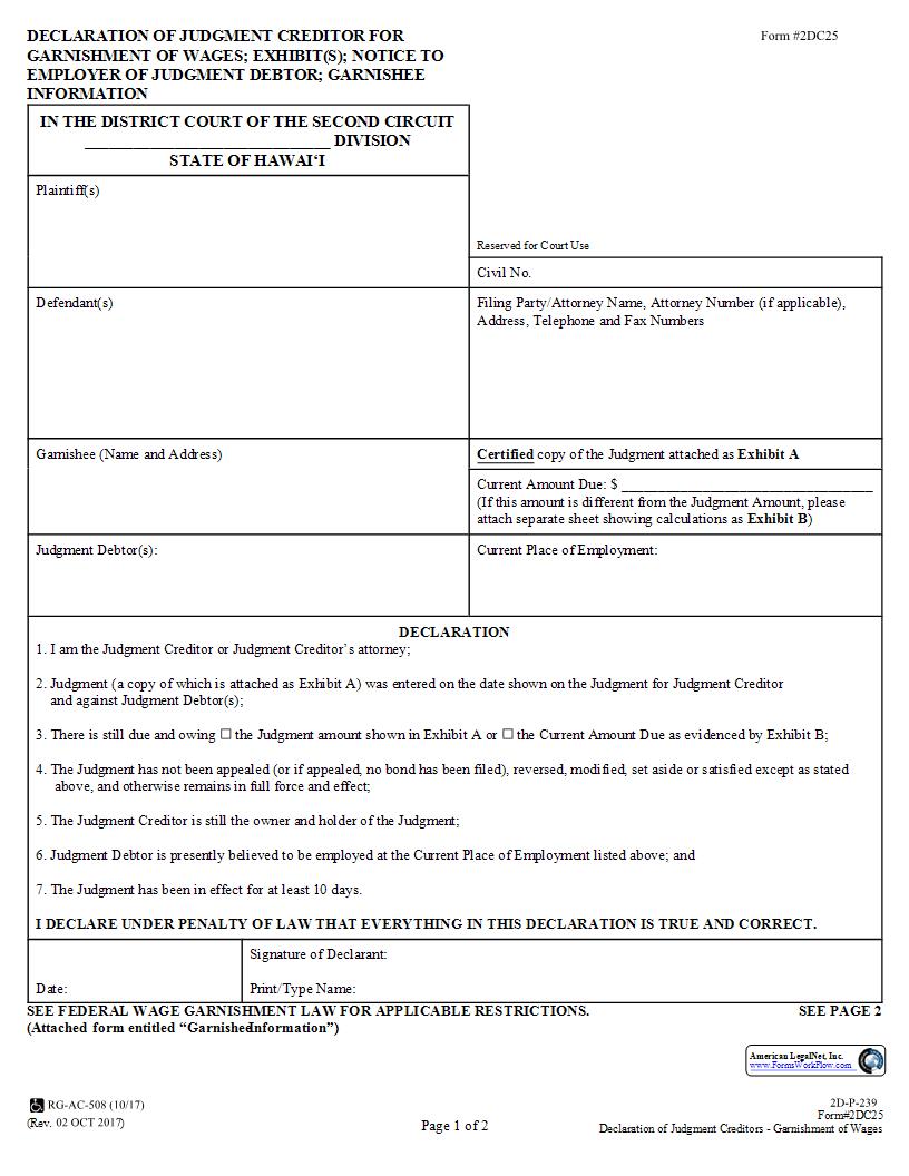 Declaration Of Judgment Creditor For Garnishment Of Wages {2DC25} | Pdf Fpdf Docx | Hawaii