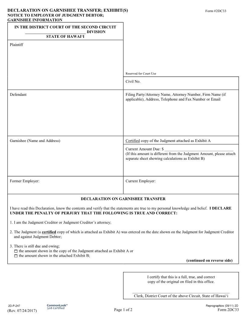 Declaration On Garnishee Transfer {2DC33} | Pdf Fpdf Doc Docx | Hawaii