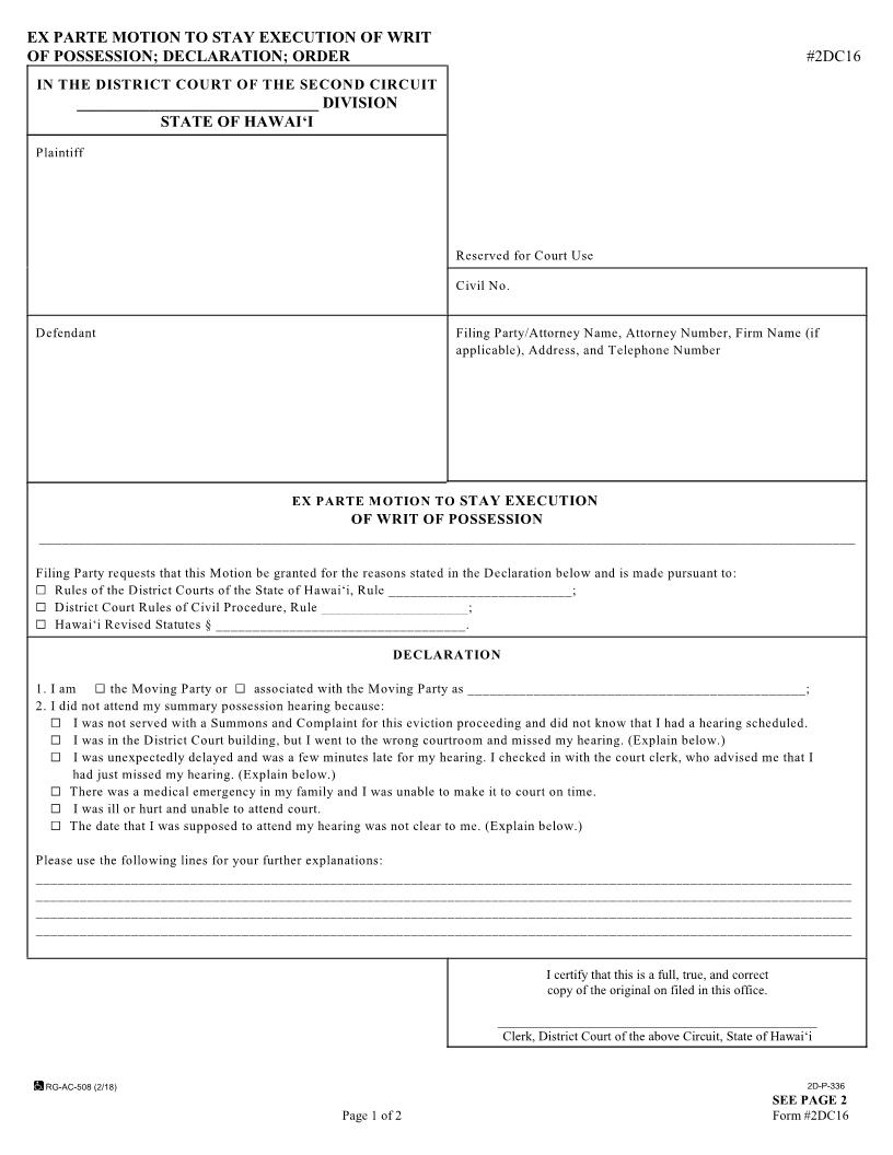 Ex Parte Motion To Stay Writ {2DC16} | Pdf Fpdf Docx | Hawaii