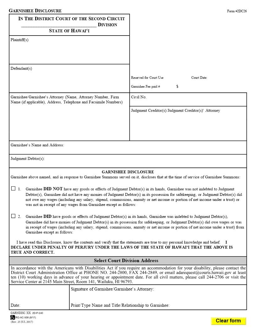Garnishee Disclosure {2DC26} | Pdf Fpdf Doc Docx | Hawaii