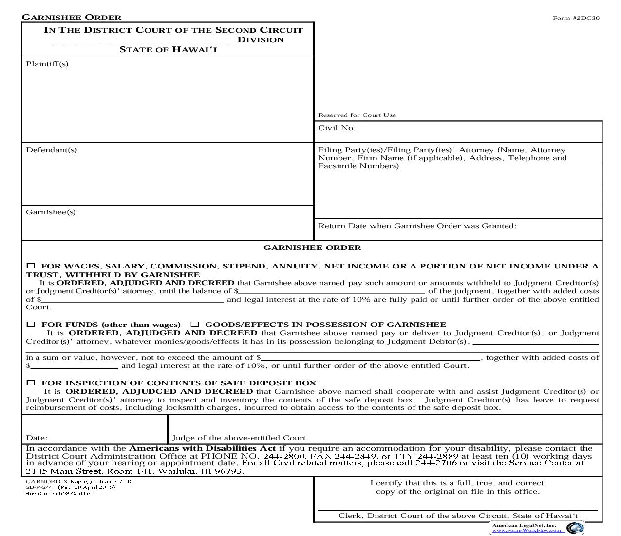 Garnishee Order {2DC30} | Pdf Fpdf Doc Docx | Hawaii