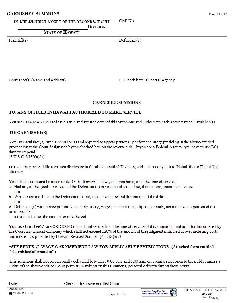 Garnishee Summons {2DC32} | Pdf Fpdf Docx | Hawaii