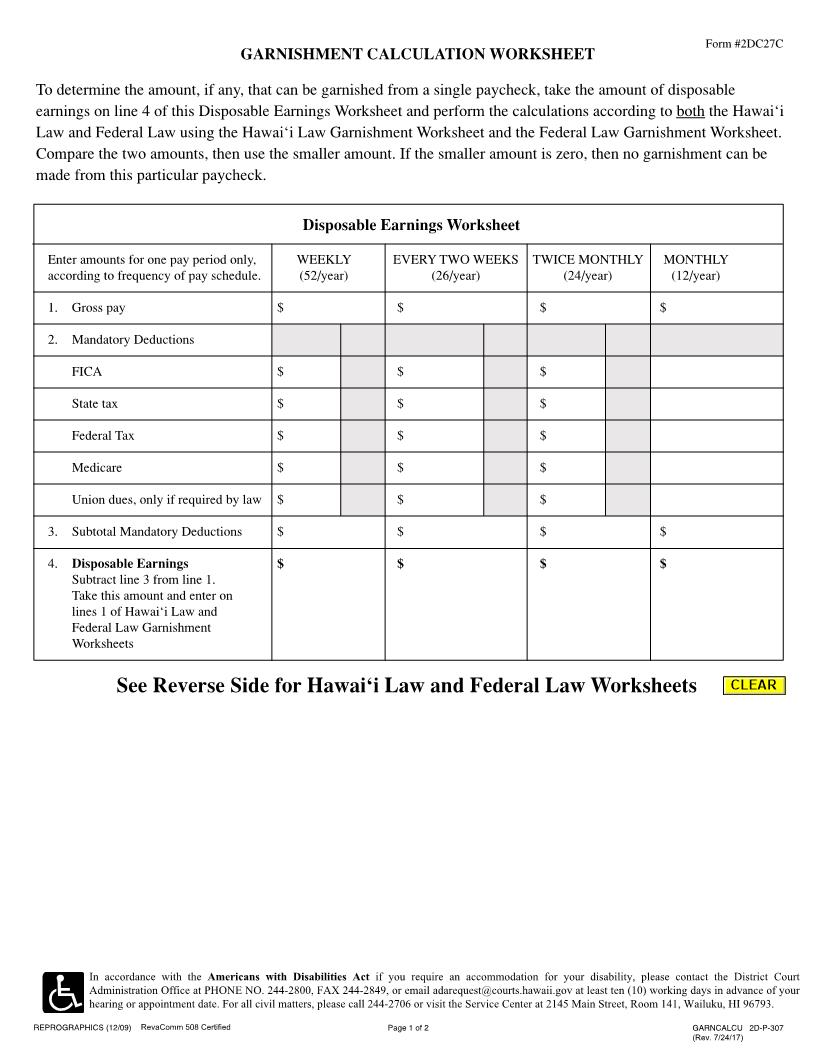 Garnishment Calculation Worksheet {2DC27C} | Pdf Fpdf Doc Docx | Hawaii
