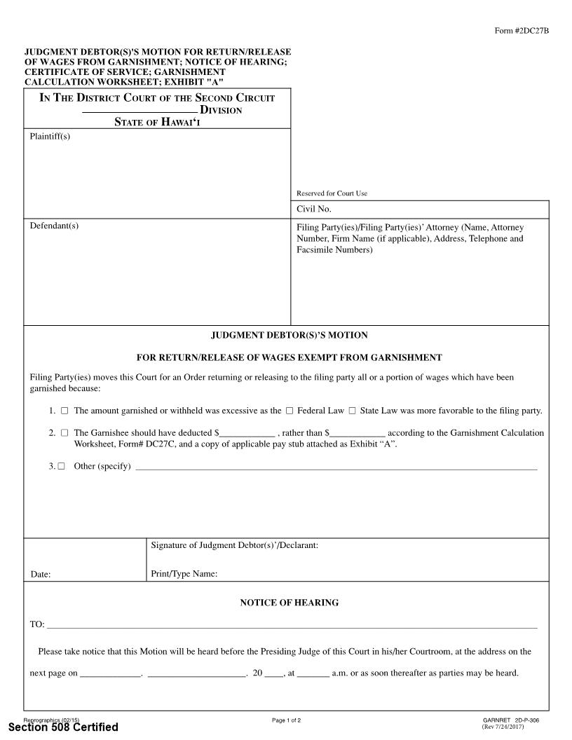 Judgment Debtors Motion Return Or Release Of Wages Exempt From Garnishment {2DC27B} | Pdf Fpdf Doc Docx | Hawaii