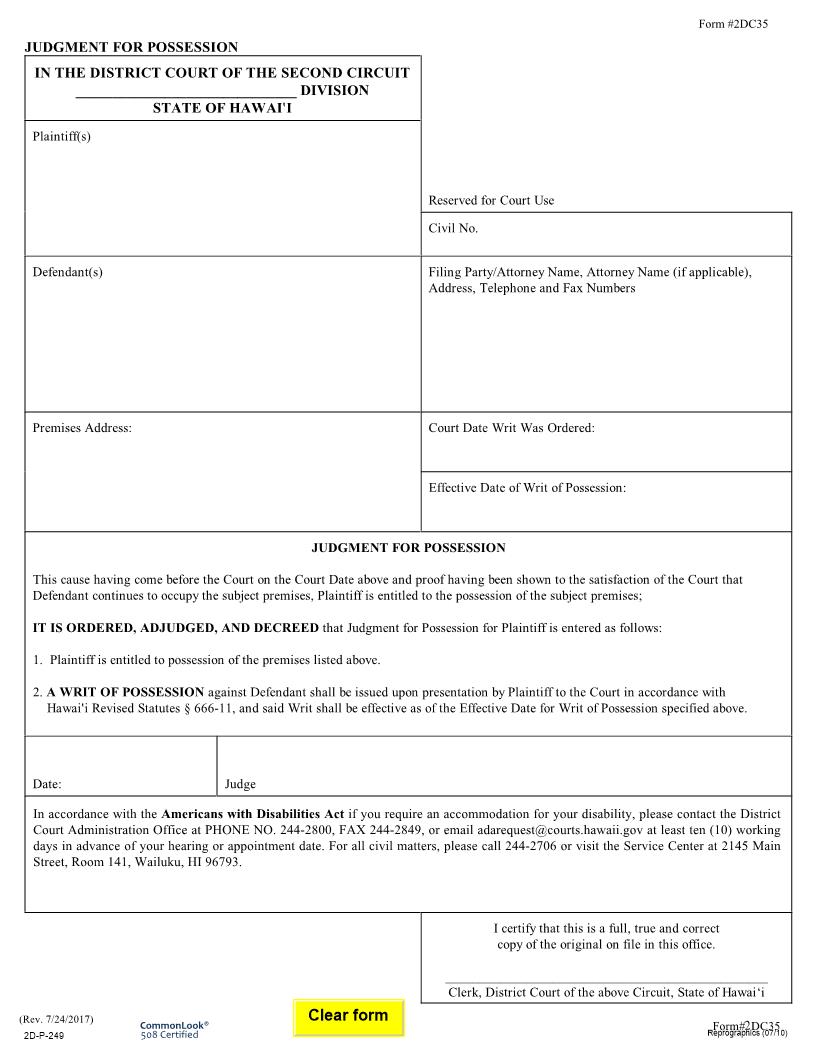Judgment For Possession {2DC35} | Pdf Fpdf Doc Docx | Hawaii